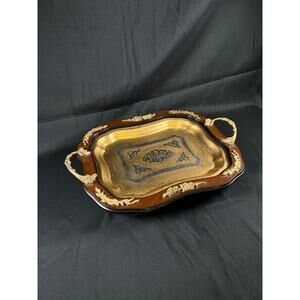 CHALI gold & silver plated vintage antique tray very hard to find wooden trim
